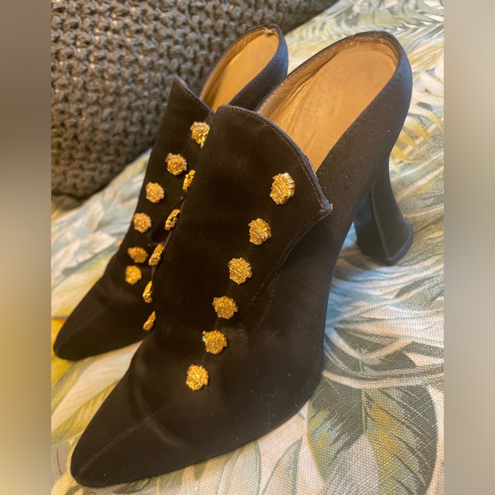 Versace Black Satin Pointed-Toe Slip-On Mules with Gold Medusa Accents - Picture 2 of 6